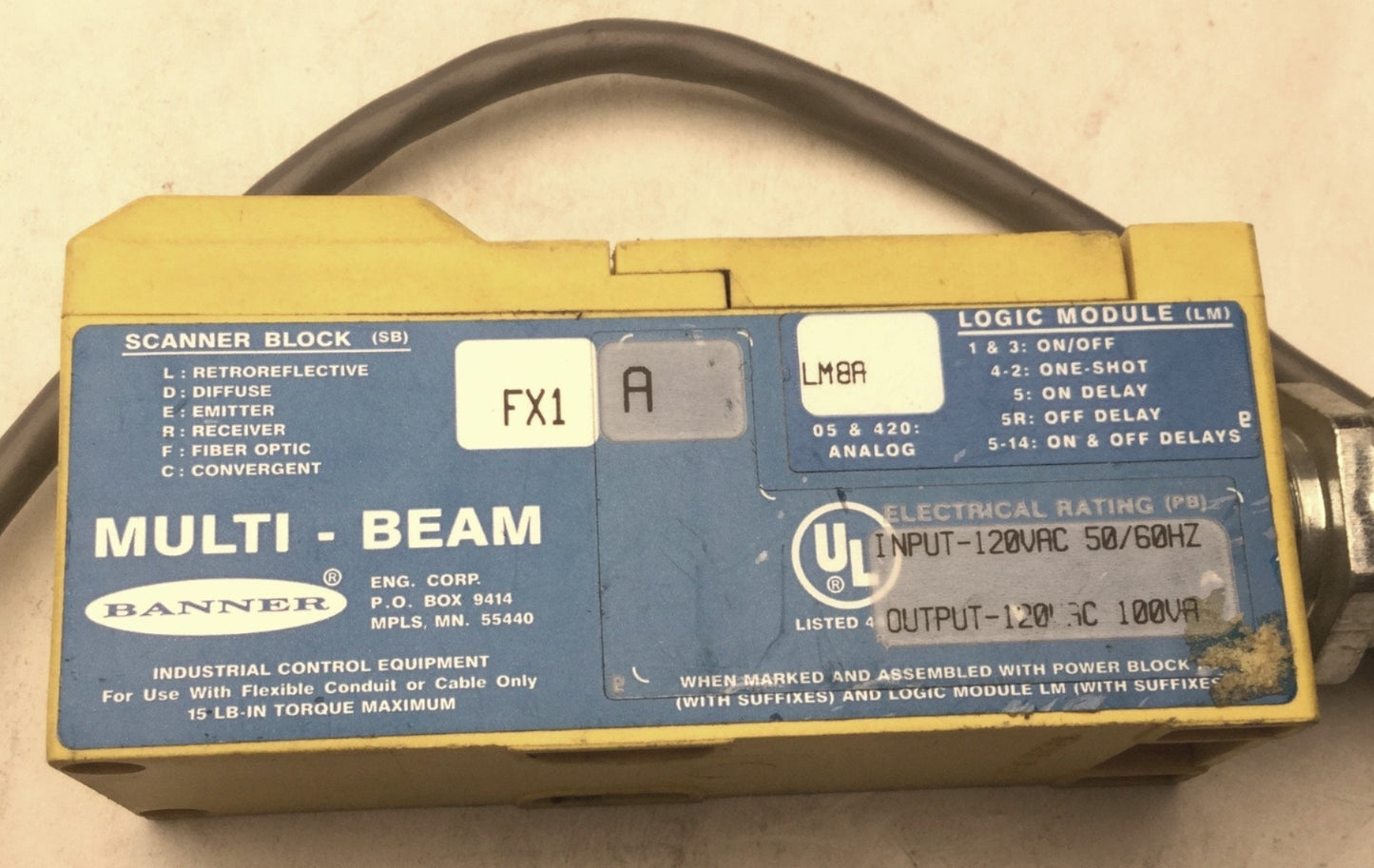 Used Banner FX1 A Maxi-Beam Scanner Block, LMBA Logic Module, 120VAC, 50/60Hz