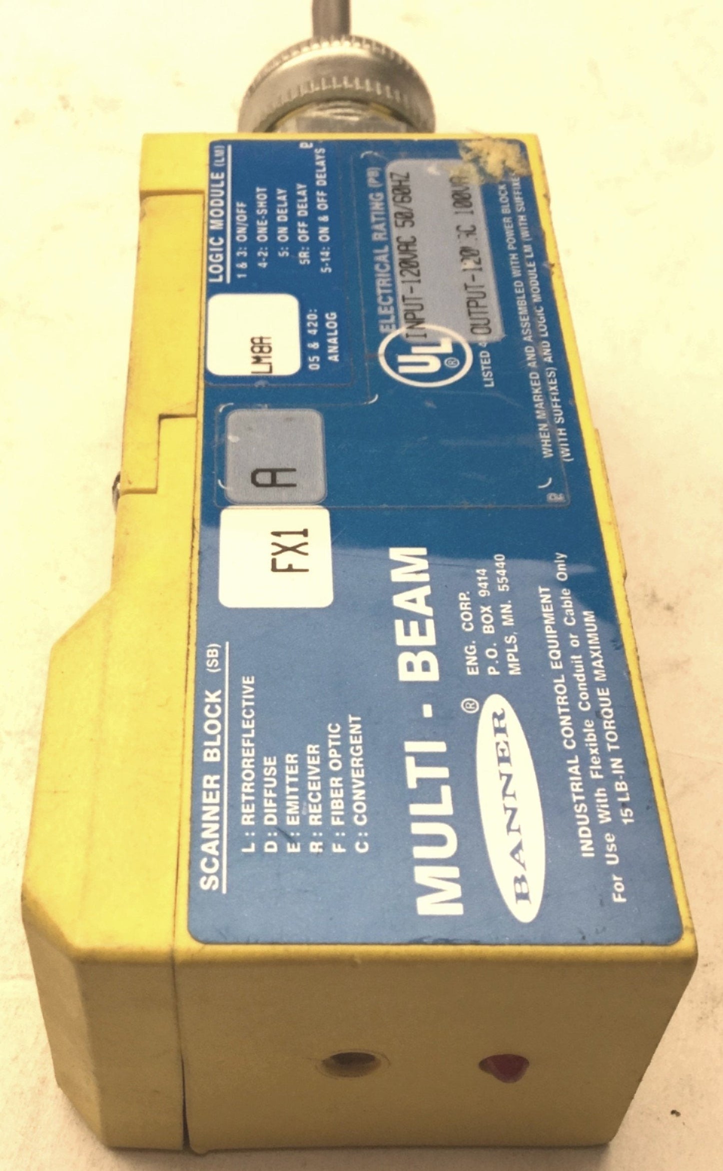 Used Banner FX1 A Maxi-Beam Scanner Block, LMBA Logic Module, 120VAC, 50/60Hz