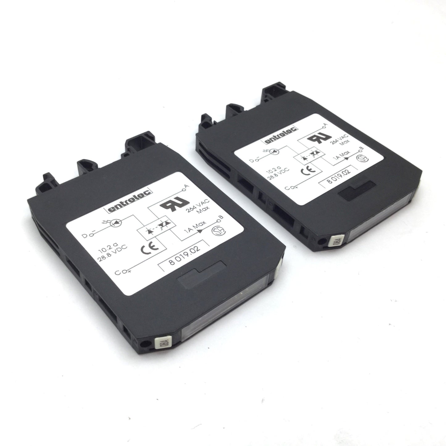 Used Lot of 2 Entrelec 8019.02 Optocoupler Module, In: 28.8VDC 10.2A, Out: 264VAC 1A