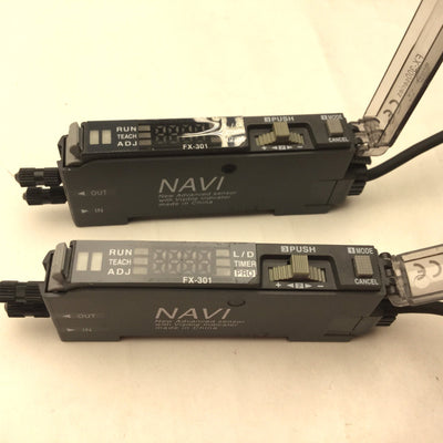 Used Lot of 2 SunX NAVI FX-301 Fiber Sensor Amplifier, NPN 3-Wire Output, 12-24VDC