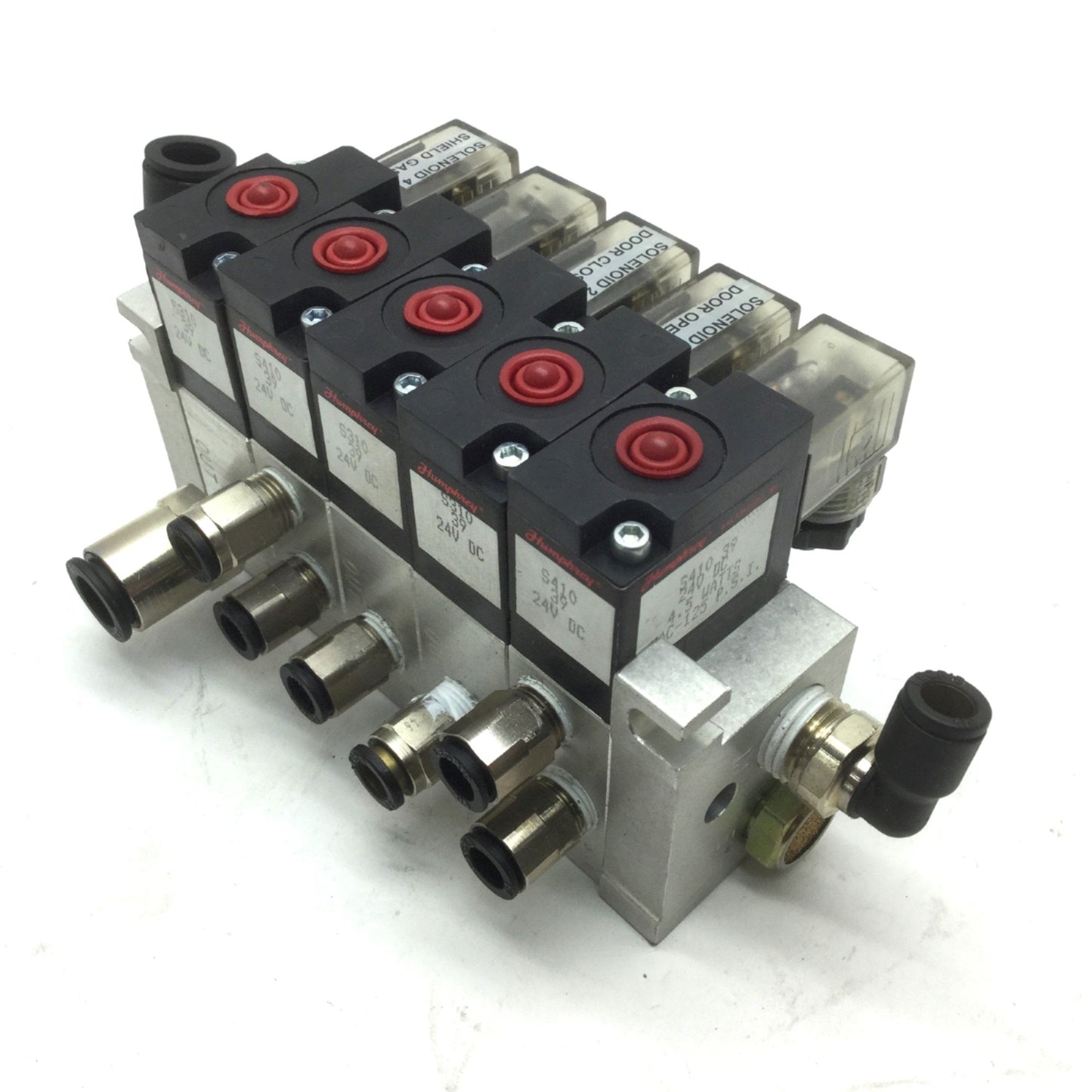 Used Humphrey Solenoid Pneumatic Valves 3x S310 & 2x410, Voltage: 24VDC, 125 PSI