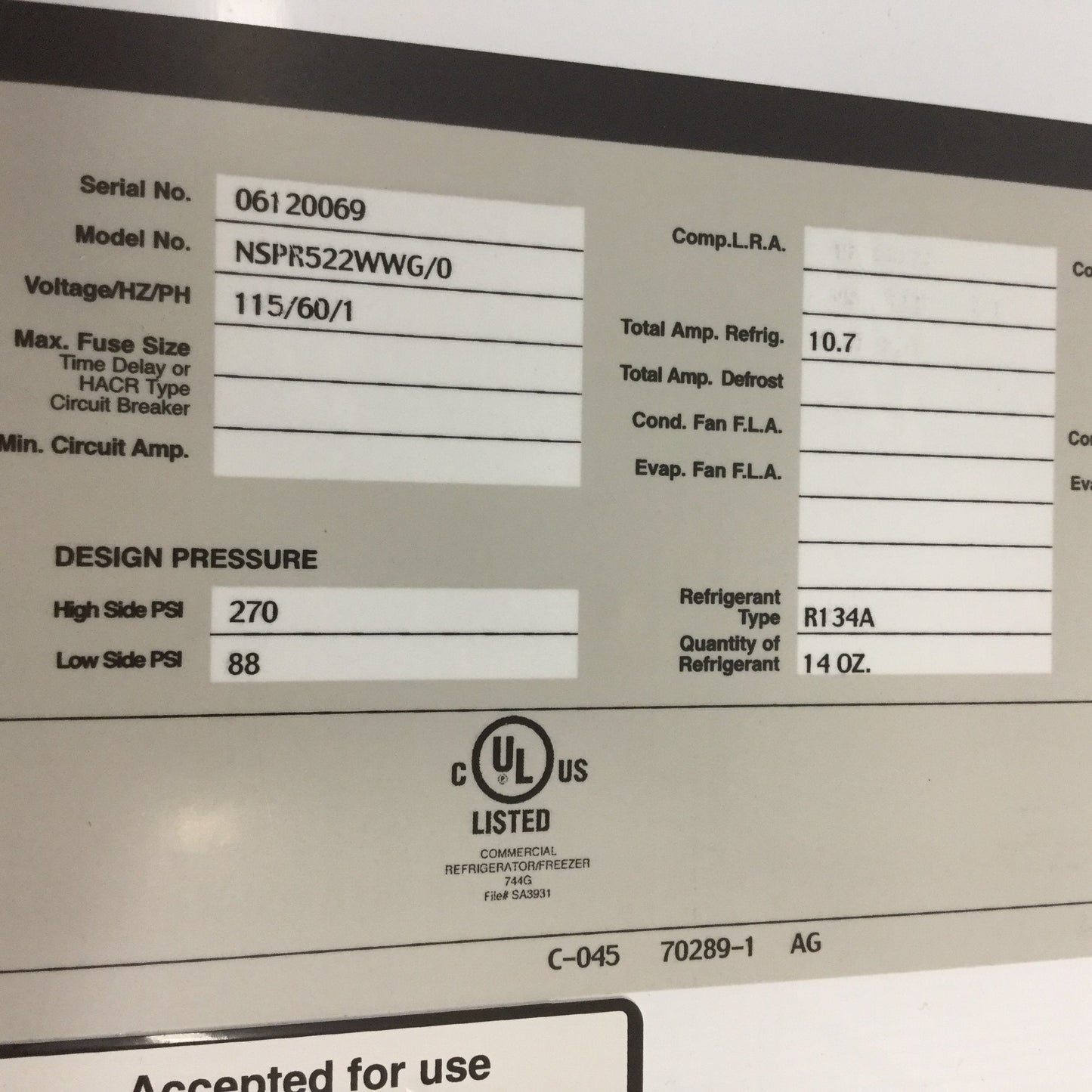 Used Nor-Lake Scientific NSPR522WWG/0 Double Door Lab Refrigerator, With Key For Lock