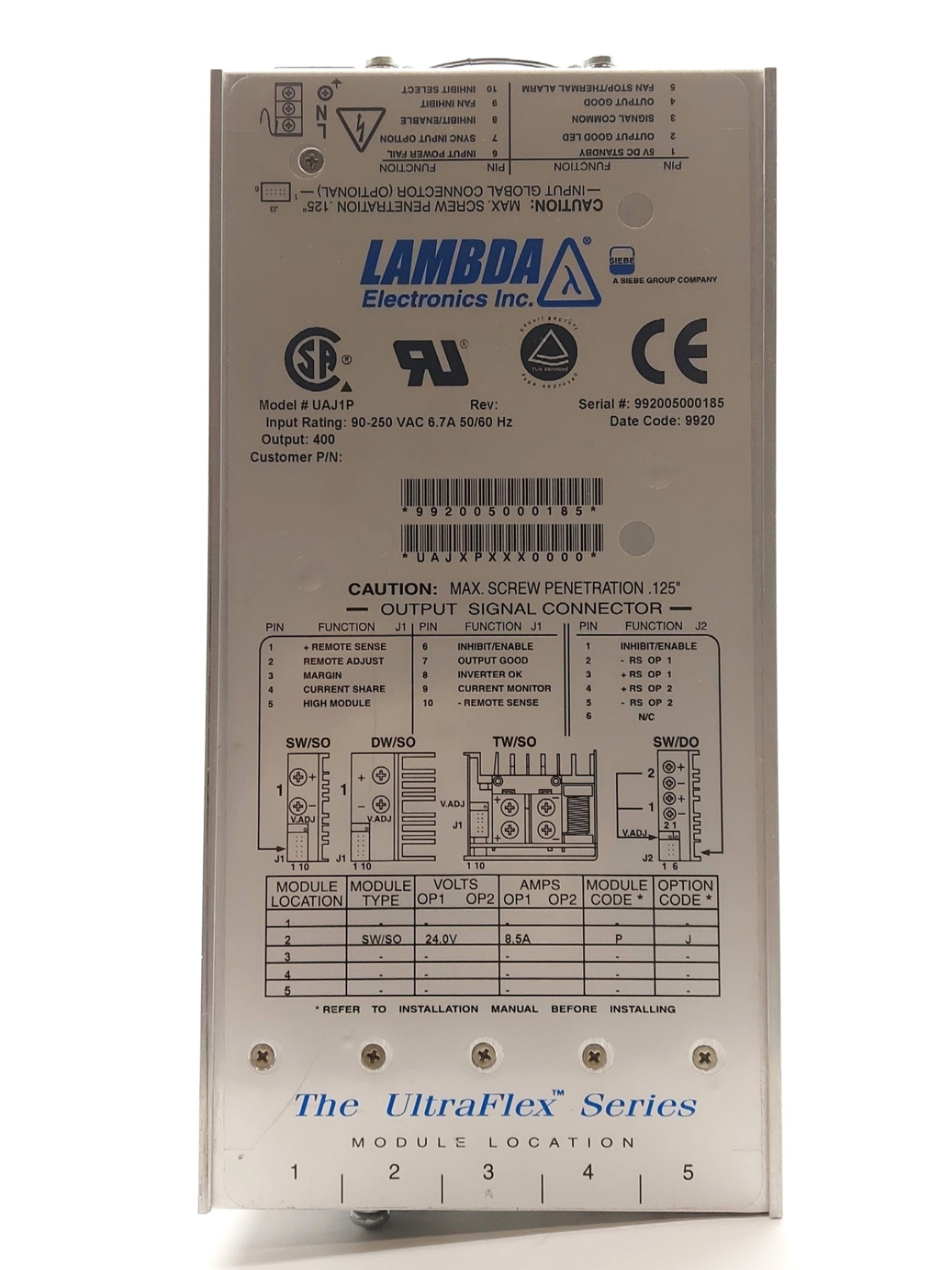 Used LAMBDA UAJ1P DC Power Supply Output: 24VDC 8.5A Input: 90-250VAC 6.7A 50/60Hz