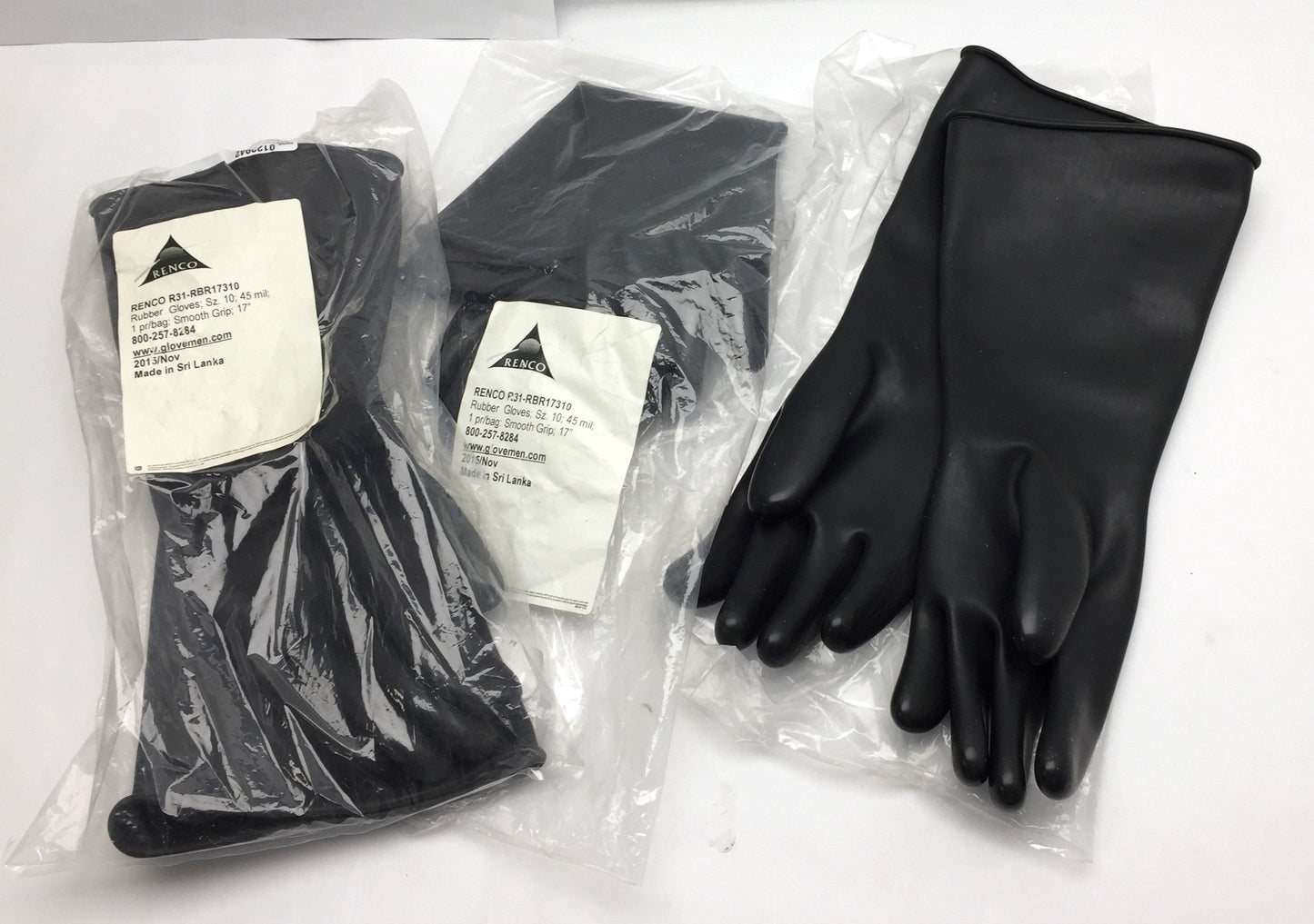 Open box Lot of 3 Renco R31-RBR17310 Rubber Gloves Sz 10, 45 mil, Smooth Grip, Black, 17"