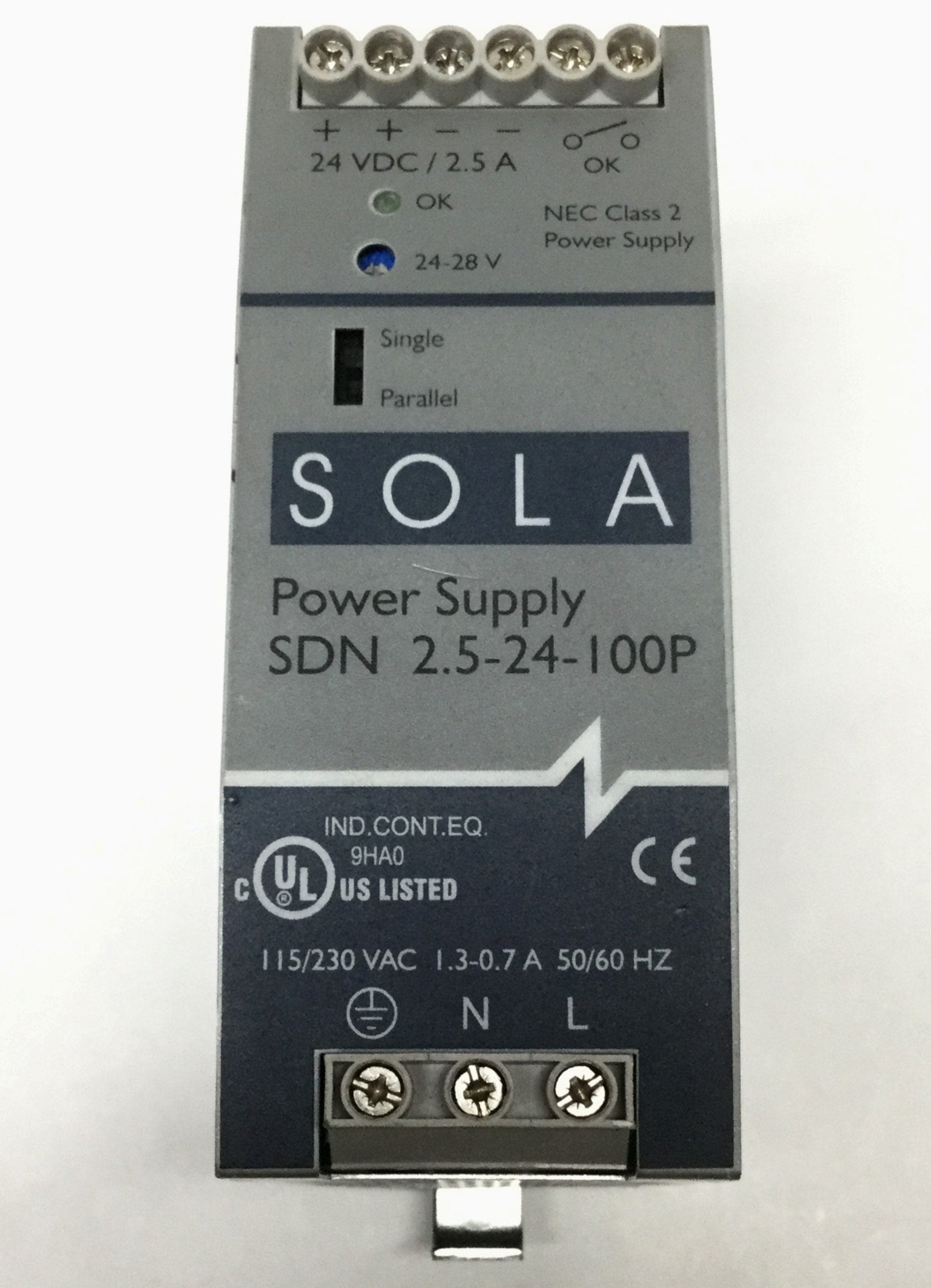 Used Sola SDN 2.5-24-100P DIN Rail Power Supply 115/230VAC Input, 24VDC 2.5A Output