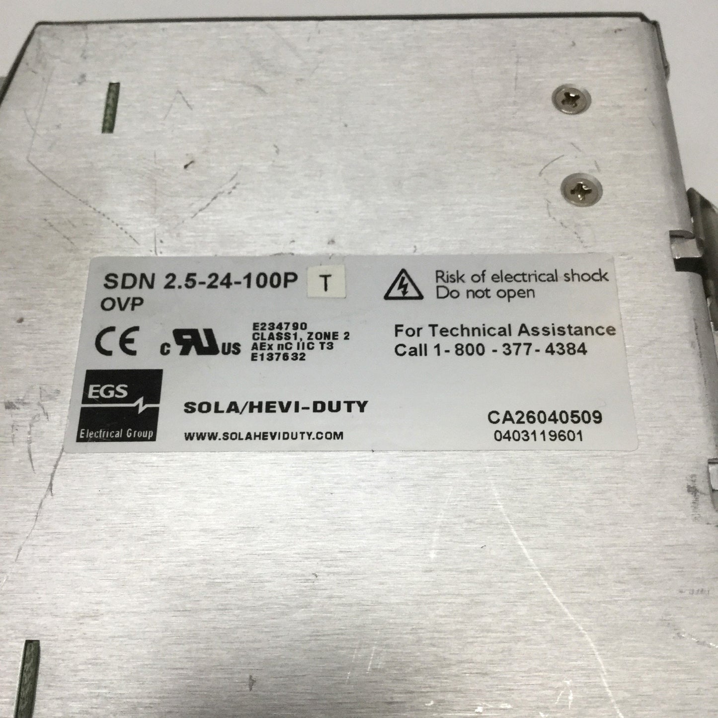 Used Sola SDN 2.5-24-100P DIN Rail Power Supply 115/230VAC Input, 24VDC 2.5A Output