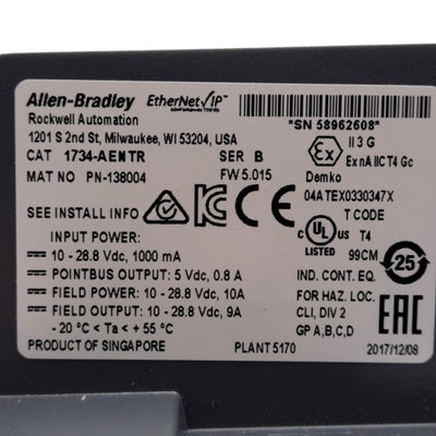 Used Allen Bradley 1734-AENTR 2-Port EtherNet/IP Adapter RJ45, 24VDC 10A IN, 5VDC OUT