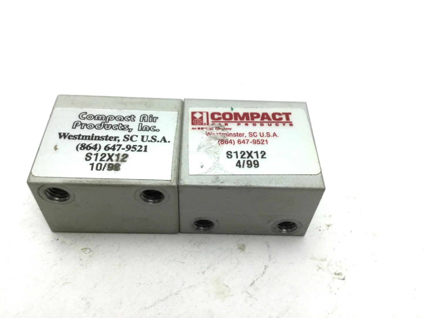Used Lot of 2 Compact Air S12X12 Pneumatic Cylinders Bore 12mm Stroke 12mm 10-32UNF