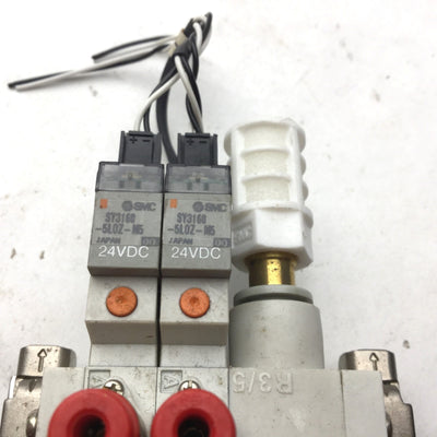 Used Bank of 2 SMC SY3160-5LOZ-M5 Pneumatic Solenoid Valves 24VDC 2-Position, 5 Port
