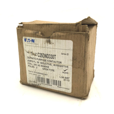 New Eaton C25DND330T Definite Purpose Contactor 30A, 3-Pole, Coil: 24VAC 50/60Hz