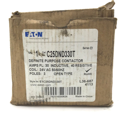 New Eaton C25DND330T Definite Purpose Contactor 30A, 3-Pole, Coil: 24VAC 50/60Hz