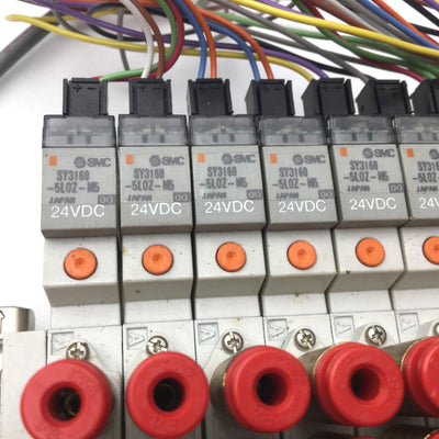 Used Bank of 16 SMC SY3160-5LOZ-M5 Pneumatic Solenoid Valves 24VDC 2-Position, 5 Port