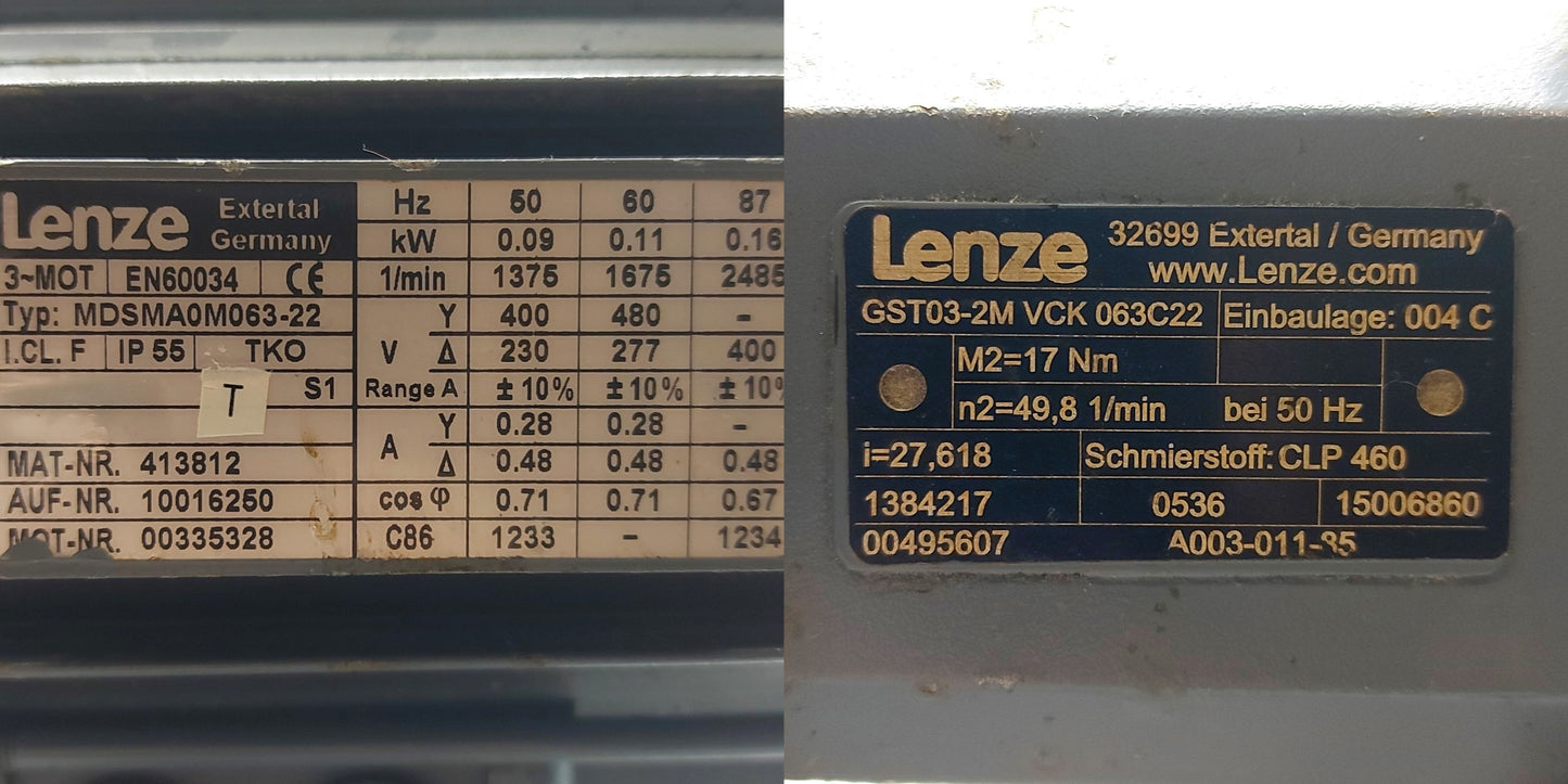 New – Open box Lenze MDSMA0M063-22 & GST03-2M Gearmotor 1:27.61 1675 to 60RPM .11kW 3Ø 230/480V