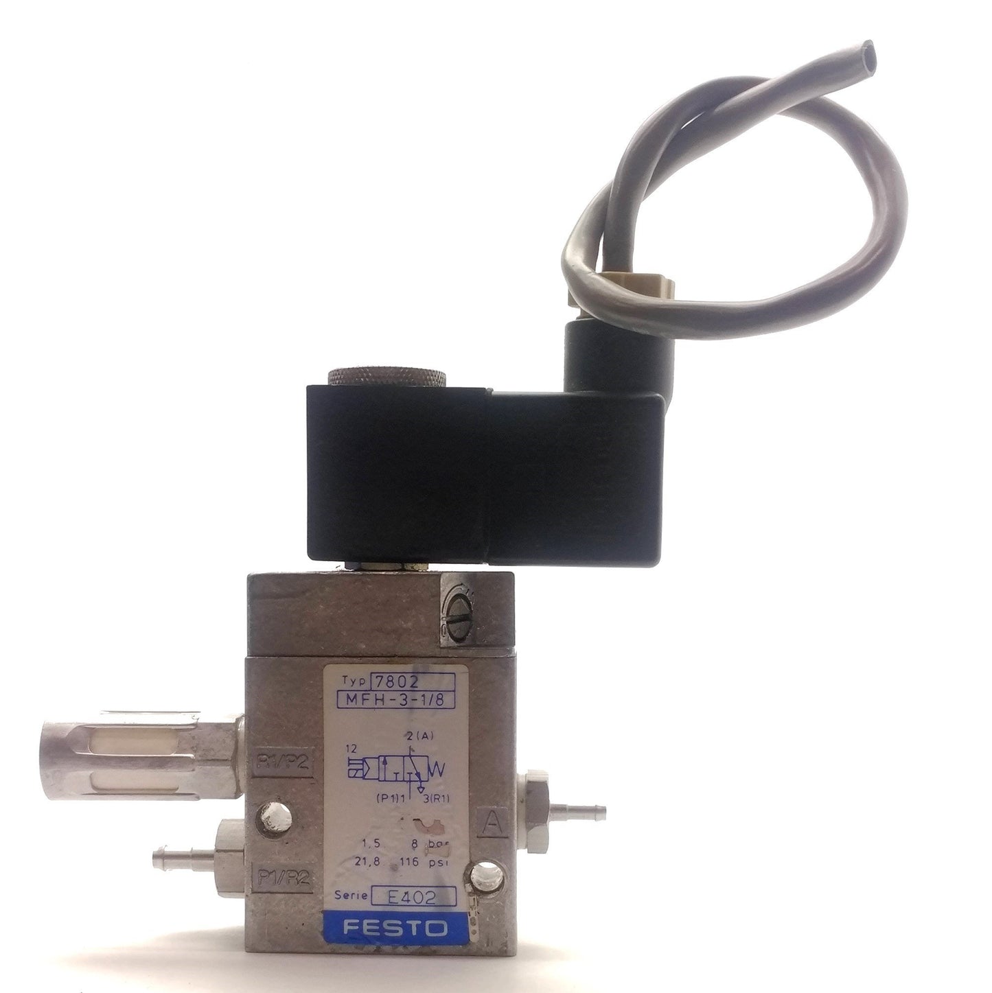Used Lot of 2 Festo MFH-3-1/8 Solenoid Valve, 2-Pos 3-Way, 116PSI, G1/8", 110VAC Coil