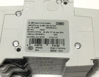 New – Open box ABB S203UP-K3 A Circuit Breaker, 3-Pole, K-Curve, 3A 480Y/277VAC, DIN Rail Mount