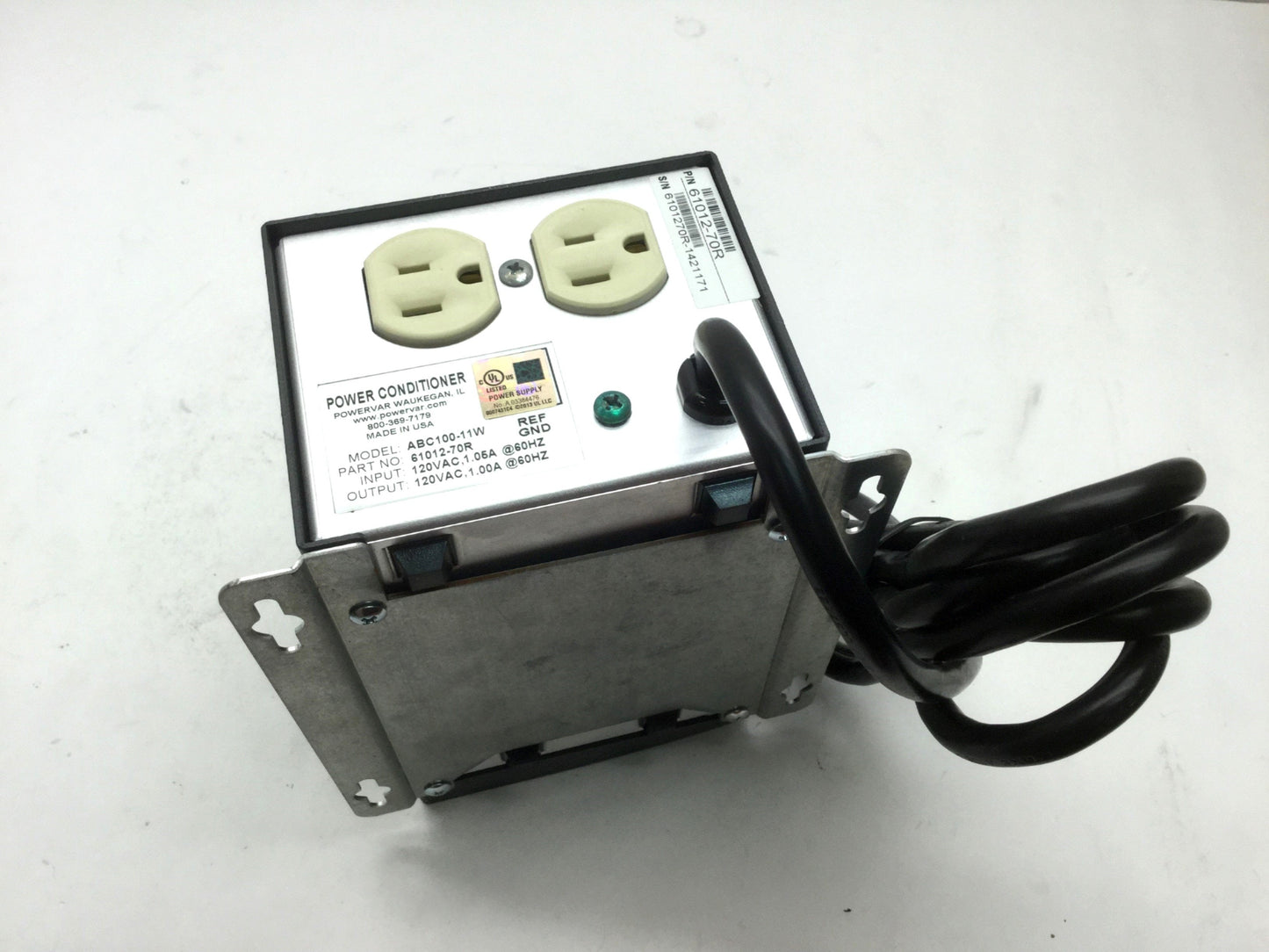Used Powervar 61012-70R Line Power Conditioner 2-Outlet, 120VAC 1A ABC100-11W