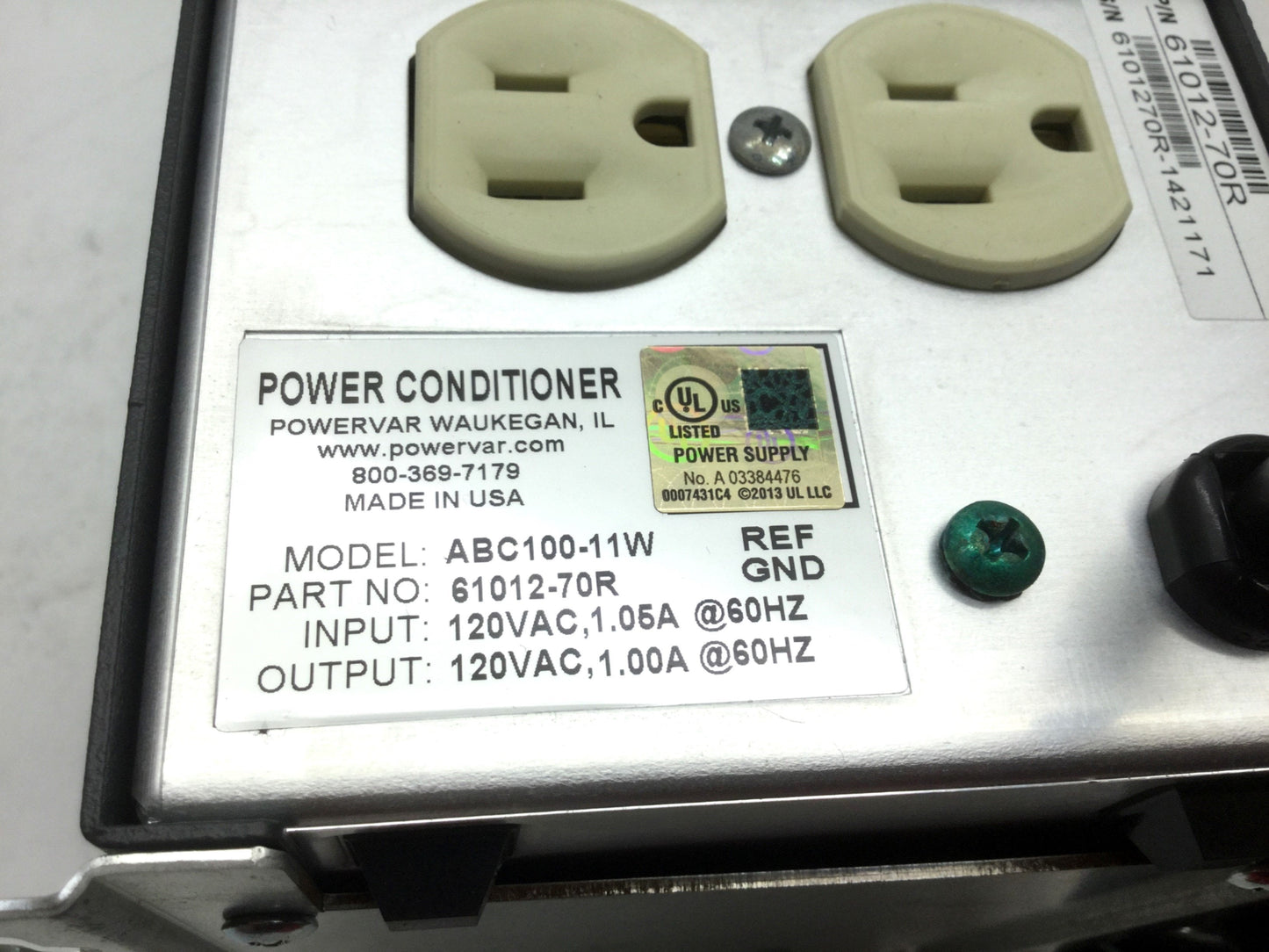 Used Powervar 61012-70R Line Power Conditioner 2-Outlet, 120VAC 1A ABC100-11W