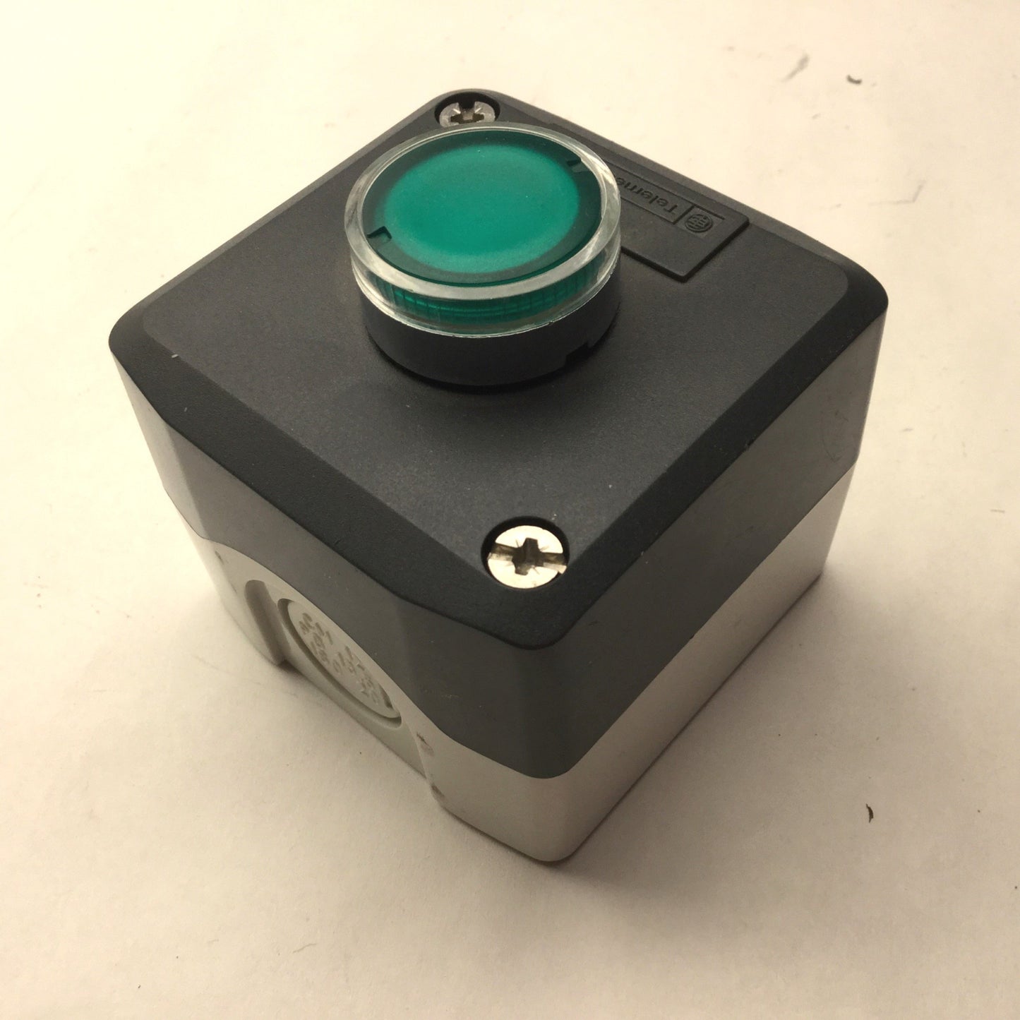 Used Telemecanique XAL-D/K...H7 Enclosure, With ZBI-101/ZBV-6 Green Push Button