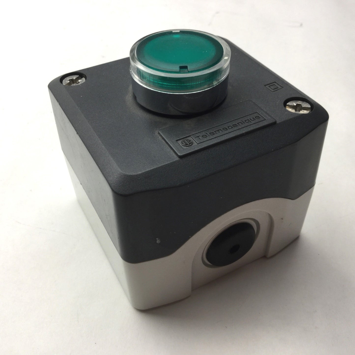 Used Telemecanique XAL-D/K...H7 Enclosure, With ZBI-101/ZBV-6 Green Push Button