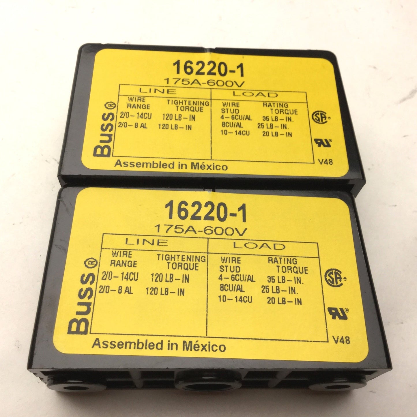 Used Lot of 2 BUSS 16220-1 Cable Connectors, Max: 175A, 600V, Wire Range: 4-12