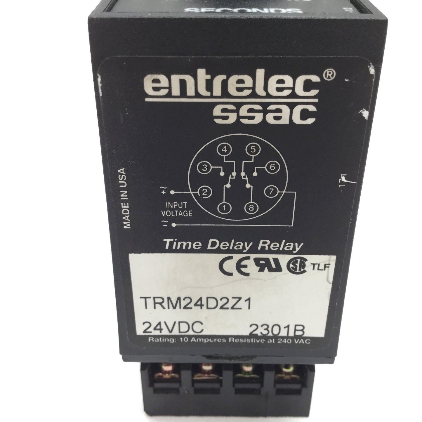Used Entrelec TRM24D2Z1 Time Delay Relay, Input 24VDC, Range 0.05-1.0sec, 10A 240VAC