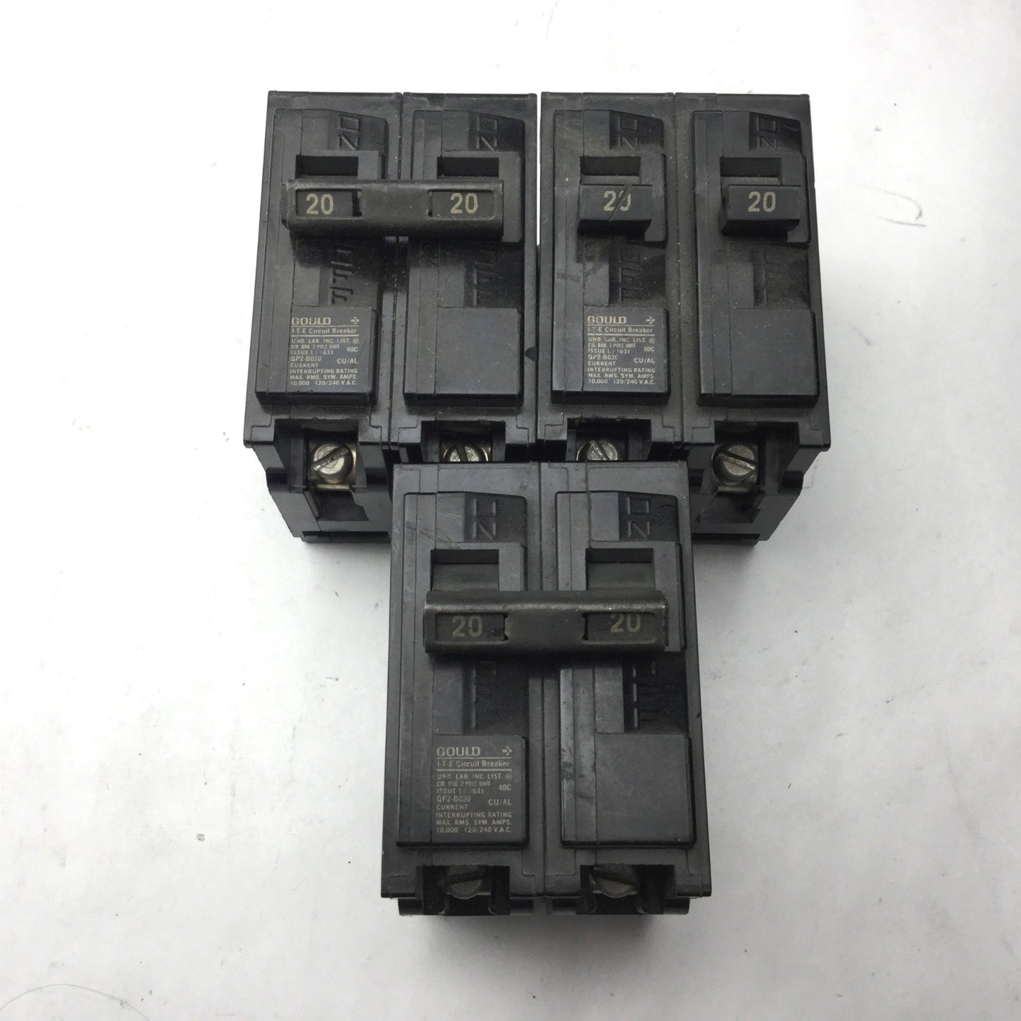 Used Lot of 3 Gould I-T-E Type EQ-P Circuit Breakers, 20A, 120/240VAC
