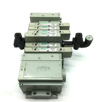 Used Bank of 6 Numatics Solenoid Valves w/ Manifold 24VDC 052BA4Z1ML61 52BB4Z2ML61