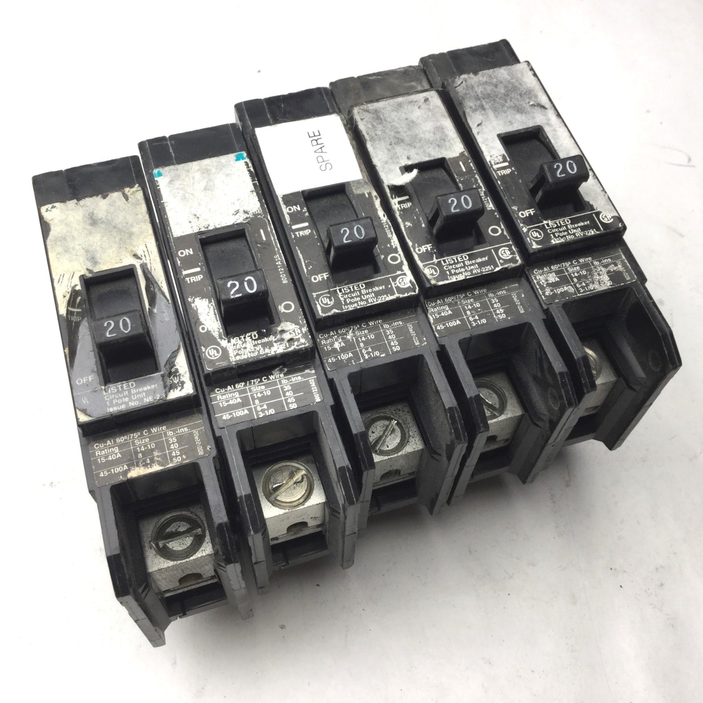Used Lot of 5 Siemens 3x RV-2251, 1x NE-2251, 1x SA-2251 Circuit Breakers 20A, 1 Pole