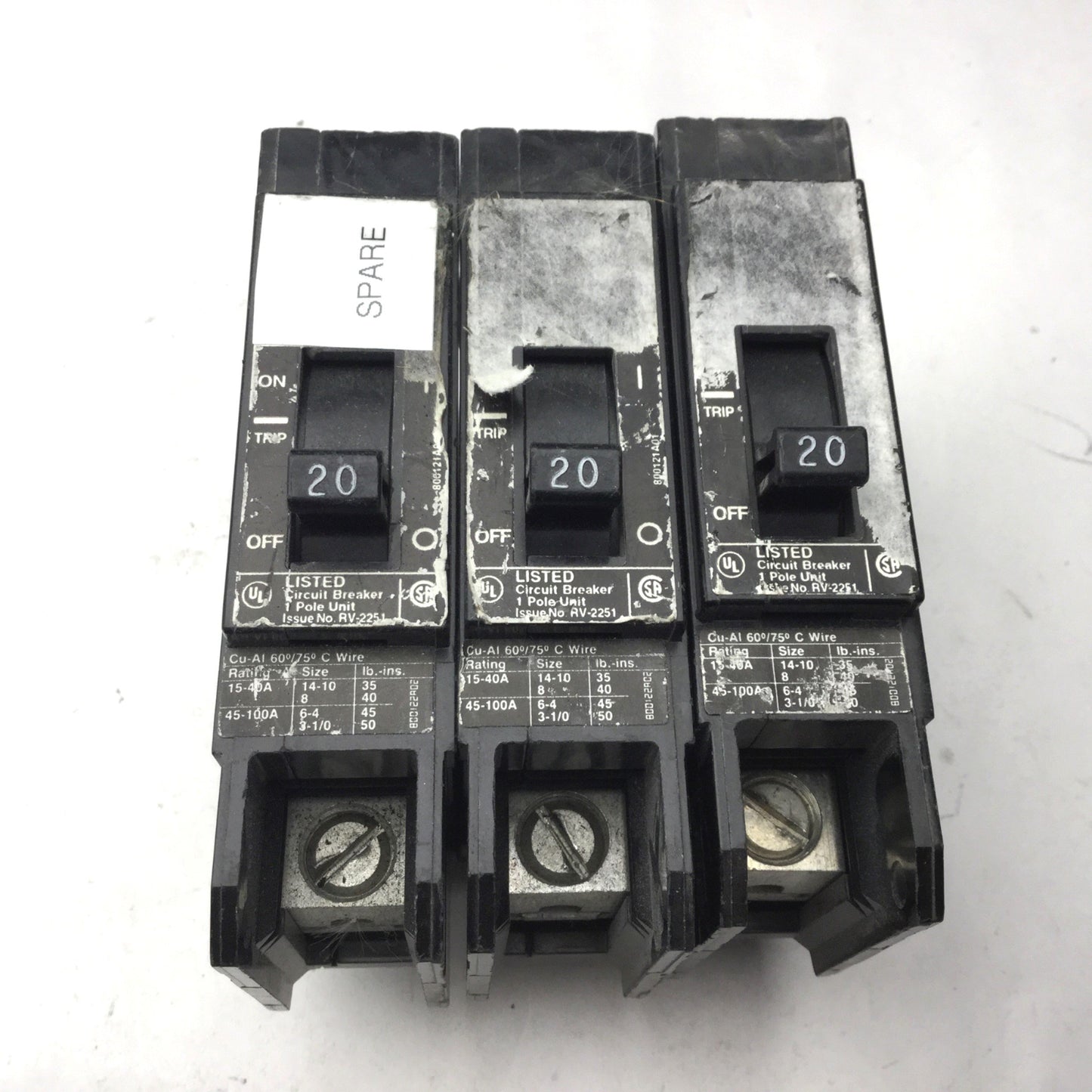 Used Lot of 5 Siemens 3x RV-2251, 1x NE-2251, 1x SA-2251 Circuit Breakers 20A, 1 Pole