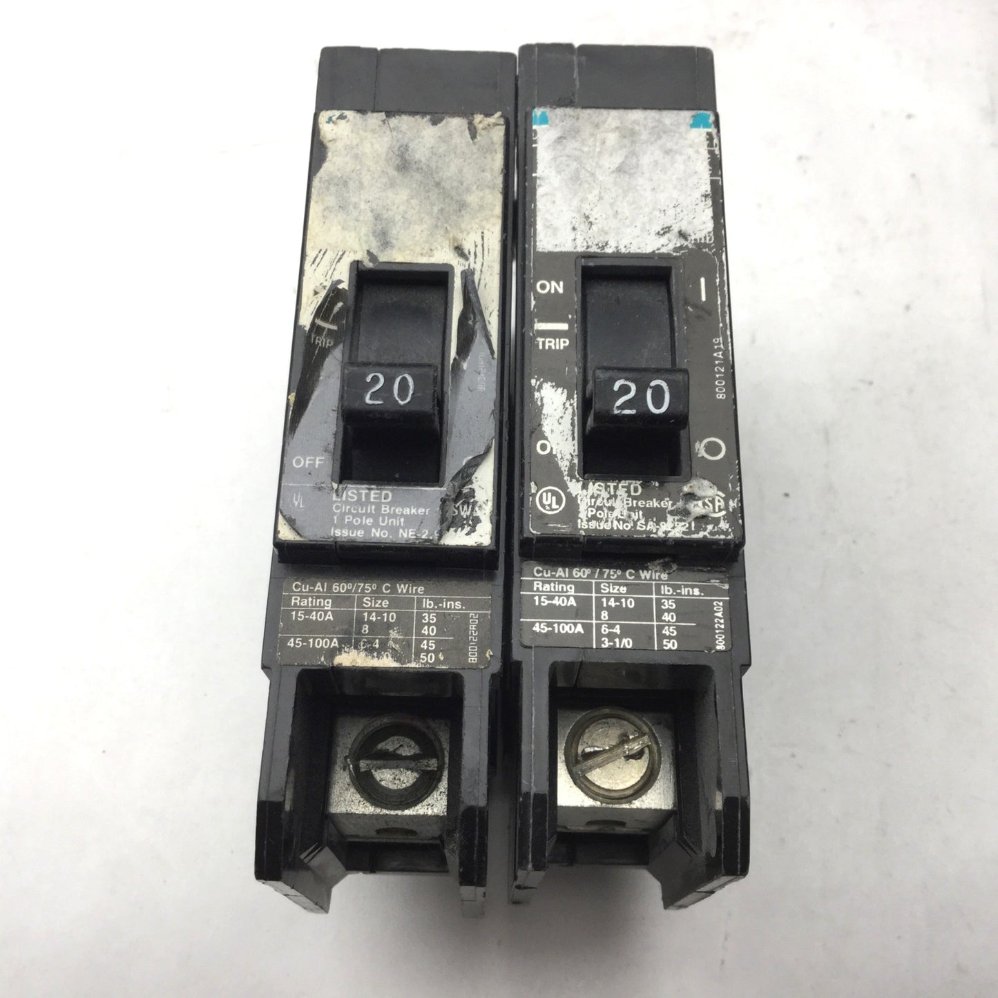 Used Lot of 5 Siemens 3x RV-2251, 1x NE-2251, 1x SA-2251 Circuit Breakers 20A, 1 Pole