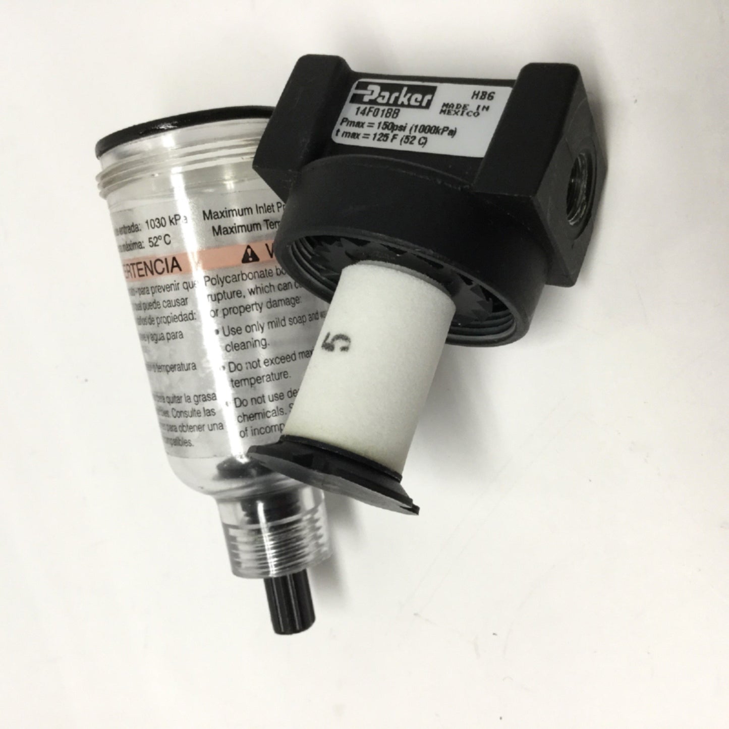 Used Parker 14F01BB Pneumatic Filter, 5 Micron Element, Rating: 150psi Max, 1/8" NPT