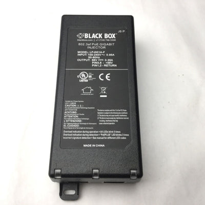 Used Black Box LPJ001A-F 802.3af PoE GIGABIT INJECTOR In: 100-240VAC, Out: 56VDC