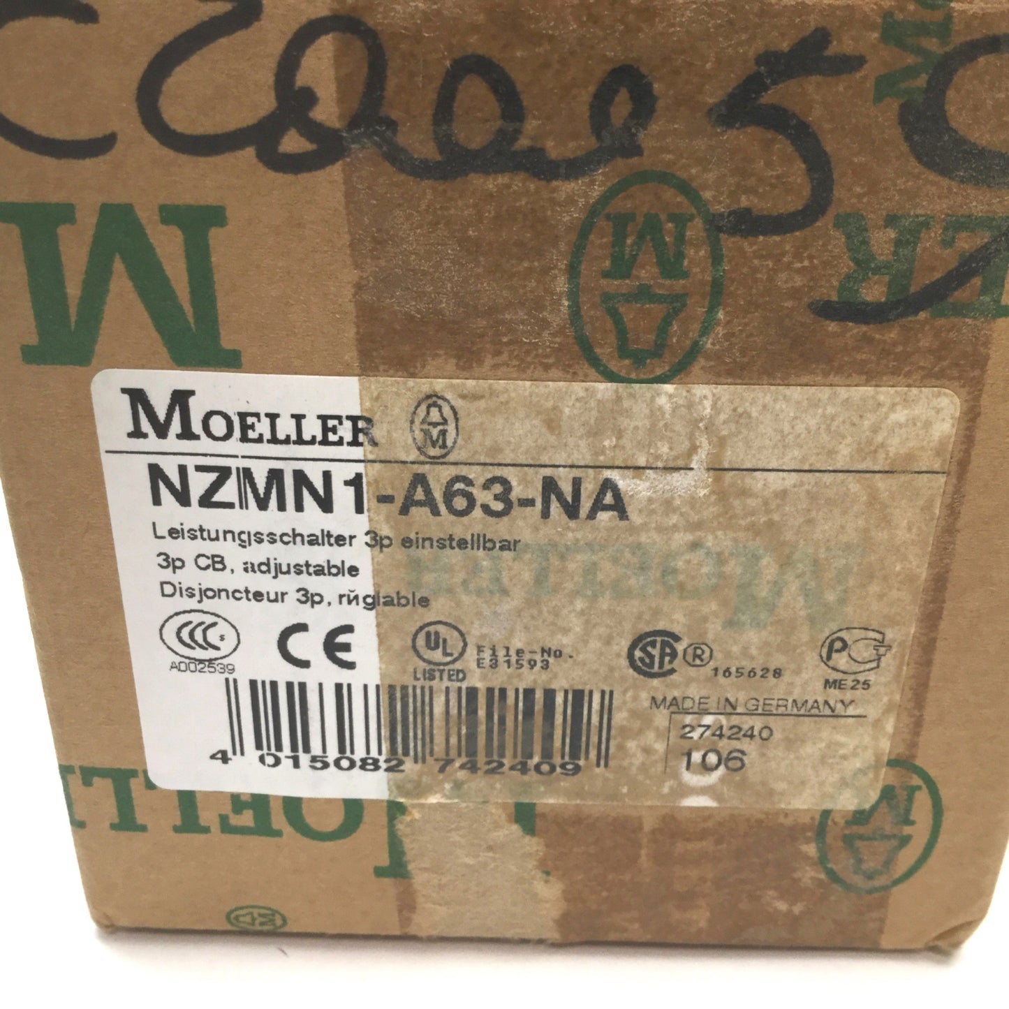 New – Open box Moeller NZMN1-A63-NA Circuit Breaker, 3-Pole, 690VAC 63A, Adjustable Overload