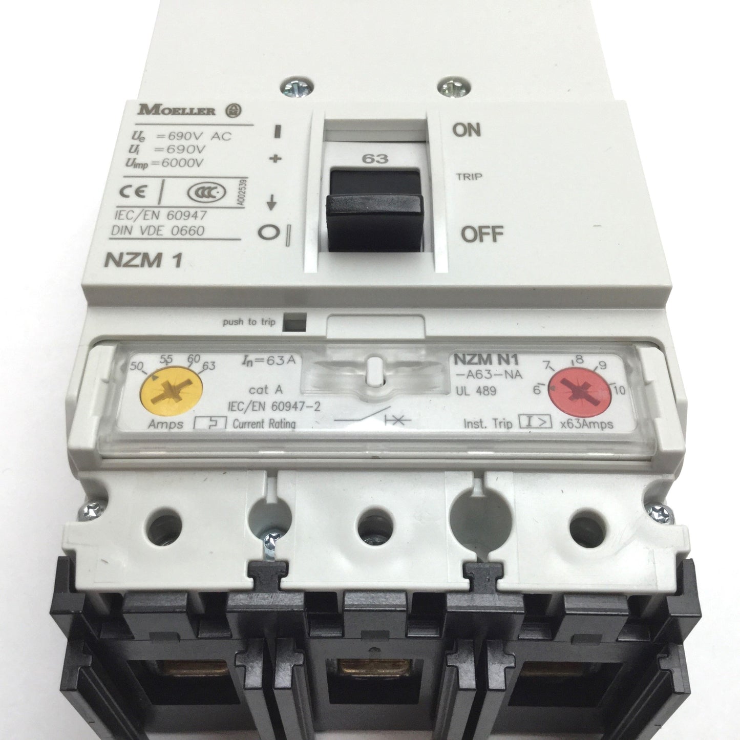 New – Open box Moeller NZMN1-A63-NA Circuit Breaker, 3-Pole, 690VAC 63A, Adjustable Overload