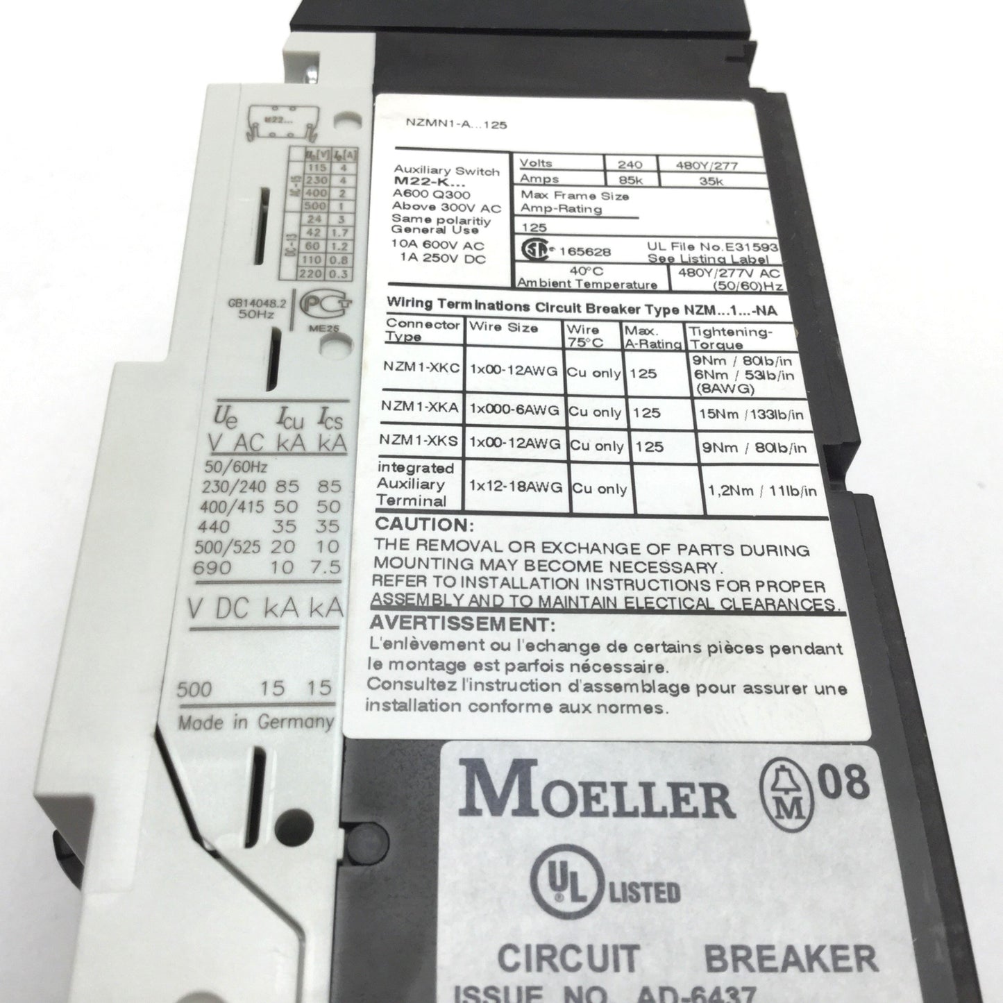 New – Open box Moeller NZMN1-A63-NA Circuit Breaker, 3-Pole, 690VAC 63A, Adjustable Overload