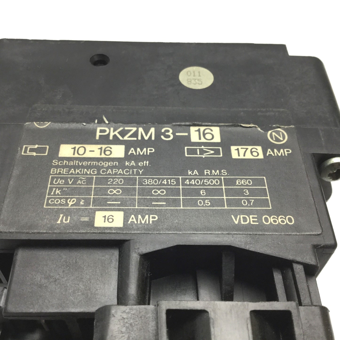 Used Moeller PKZM3-16 Thermal Magnetic Circuit Breaker, Range: 10-16A, *No Cover*