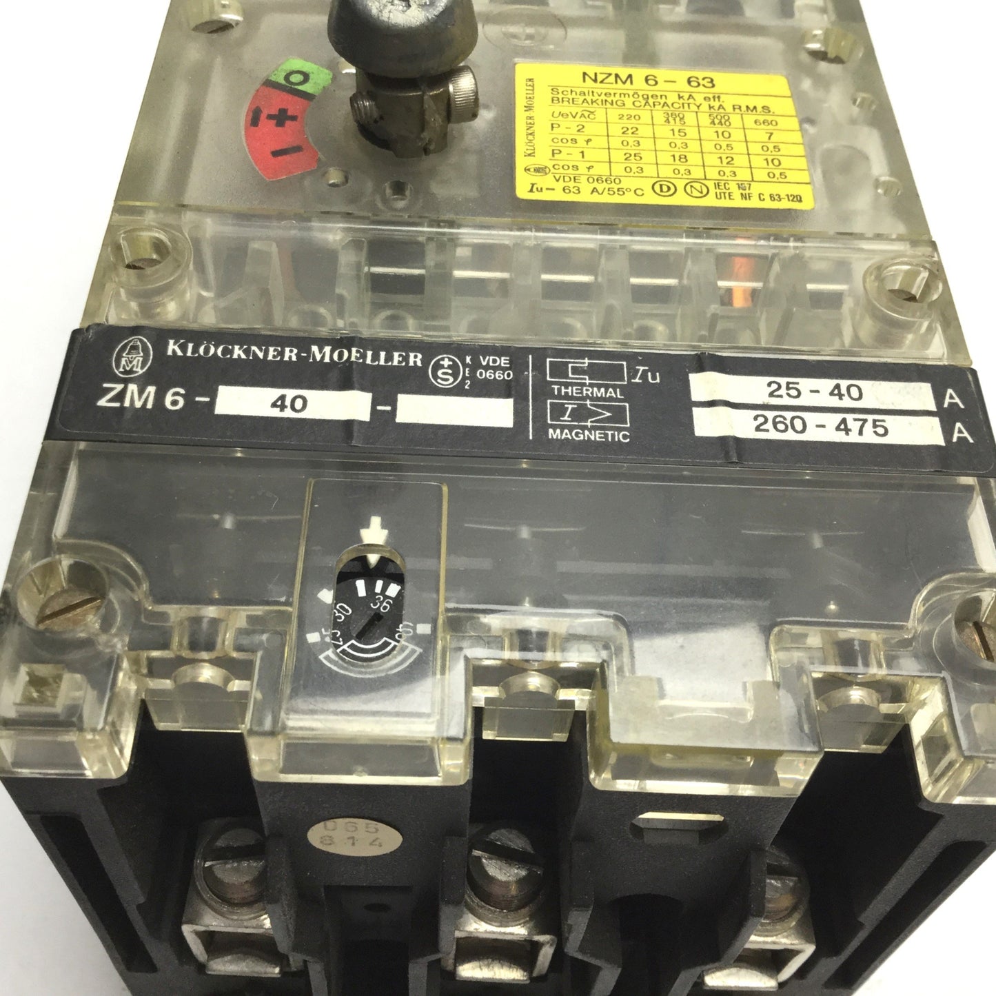 Used Moeller NZM6-40 Circuit Breaker Disconnect Switch, 3-Pole, Rating 500VAC 40A