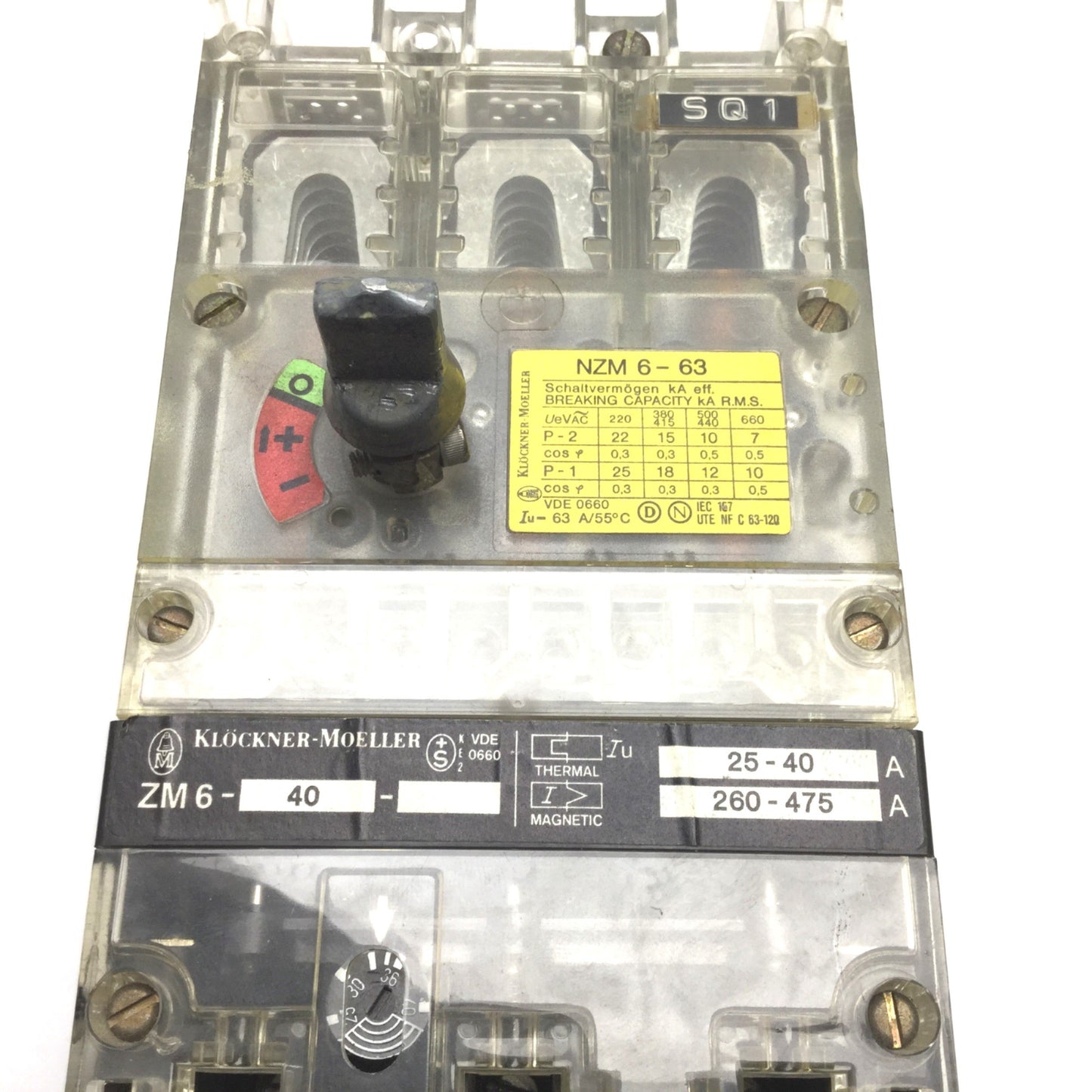 Used Moeller NZM6-40 Circuit Breaker Disconnect Switch, 3-Pole, Rating 500VAC 40A