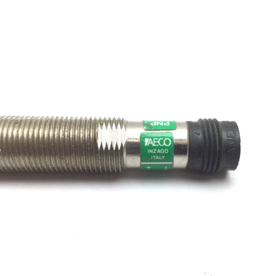 Used AECO Inductive Proximity Sensor, 10-30VDC, PNP N/O, M12 4-Pin, M12 Barrel