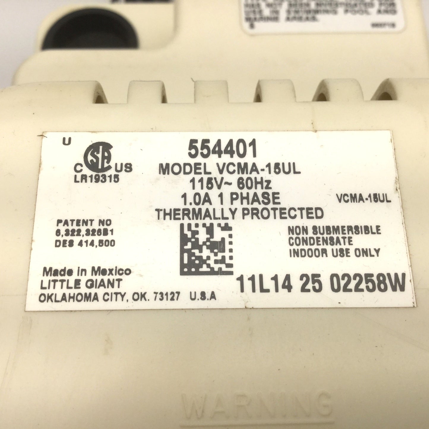 New – Open box Little Giant VCMA-15UL Automatic Condensate Removal Pump, 1/50hp, 115VAC 60Hz