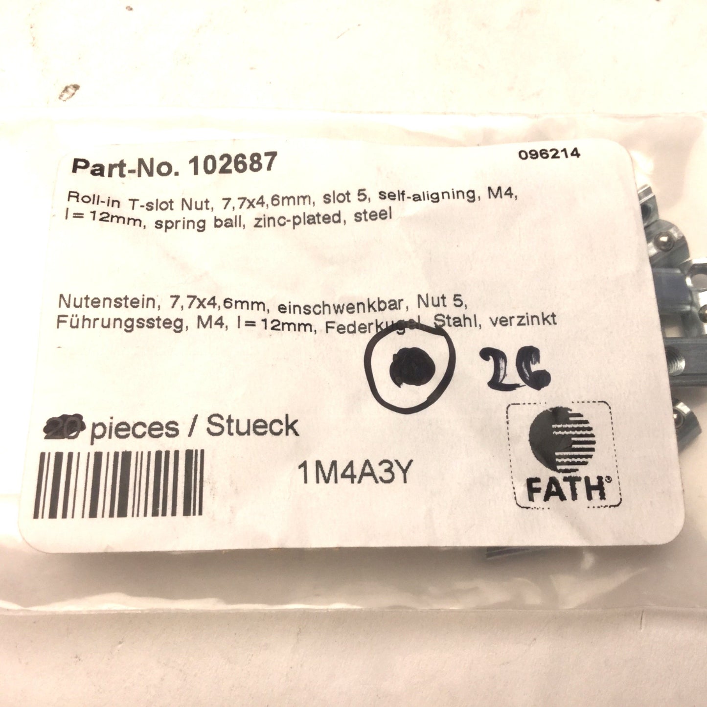 New – Open box Lot of 26 Fath 102687 Roll-In T-Slot Nut, 7.7 x 4.6mm, With Spring Loaded Ball