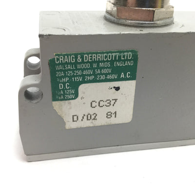 Used Craig & Derricott CC37 Miniswitch Limit Switch, Ball Press Actuator, Rating: 20A