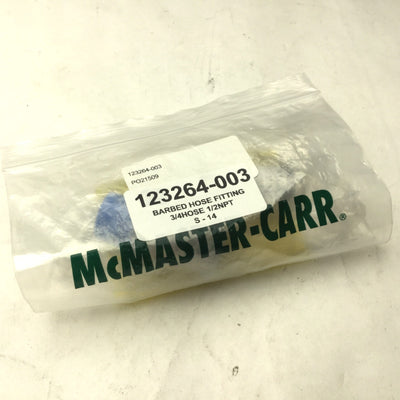 New – Open box Lot of 2 New McMaster-Carr 123264-003 Barbed Hose Fittings, 3/4 Hose, 1/2" NPT
