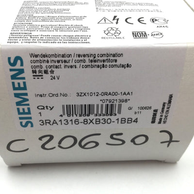 New – Open box Siemens 3RA1316-8XB30-1BB4 Reversing Contactor Assembly, 3-Pole, Coil: 24VDC