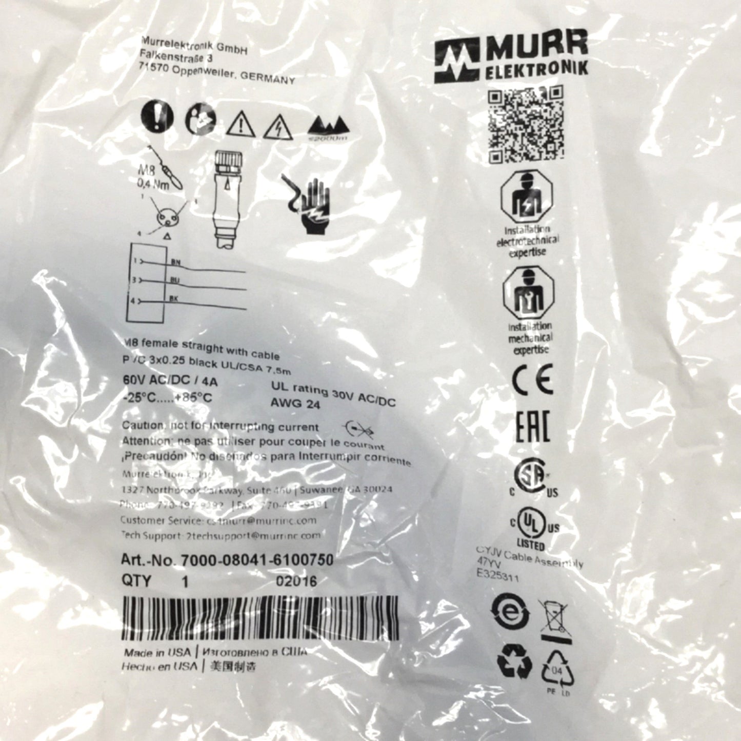 New Lot of 2 Murr Elektronik 7000-08041-6100750 Sensor Cable M8 3-Pin Female, 7.5m