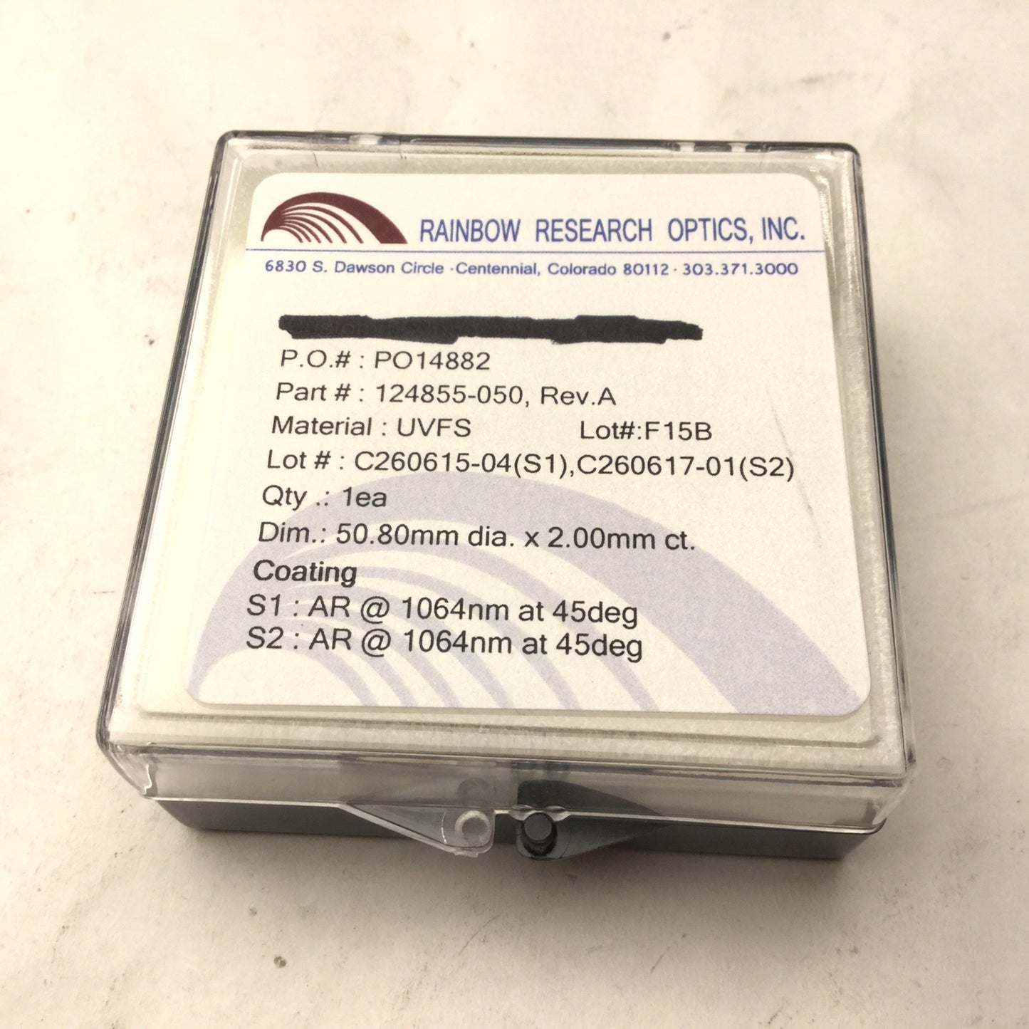 New Rainbow Research Optics 124855-050 Optic, Material UVFS, 50.8mm x 2mm ct