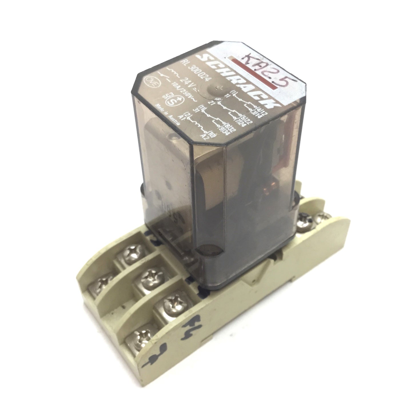 Used Schrack RL300024 Relay, DPDT, Coil: 24VDC, Rating: 10A 250VAC, With Socket