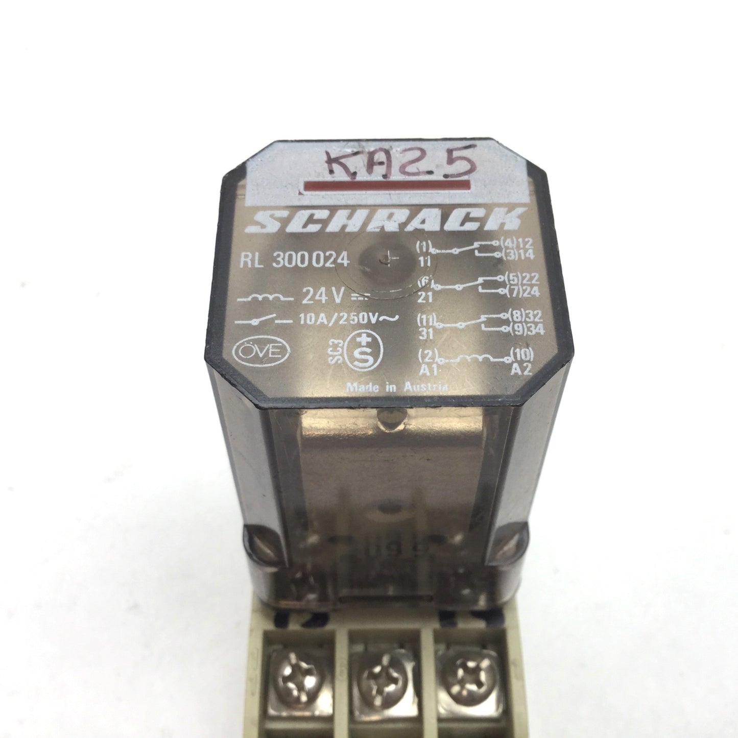 Used Schrack RL300024 Relay, DPDT, Coil: 24VDC, Rating: 10A 250VAC, With Socket