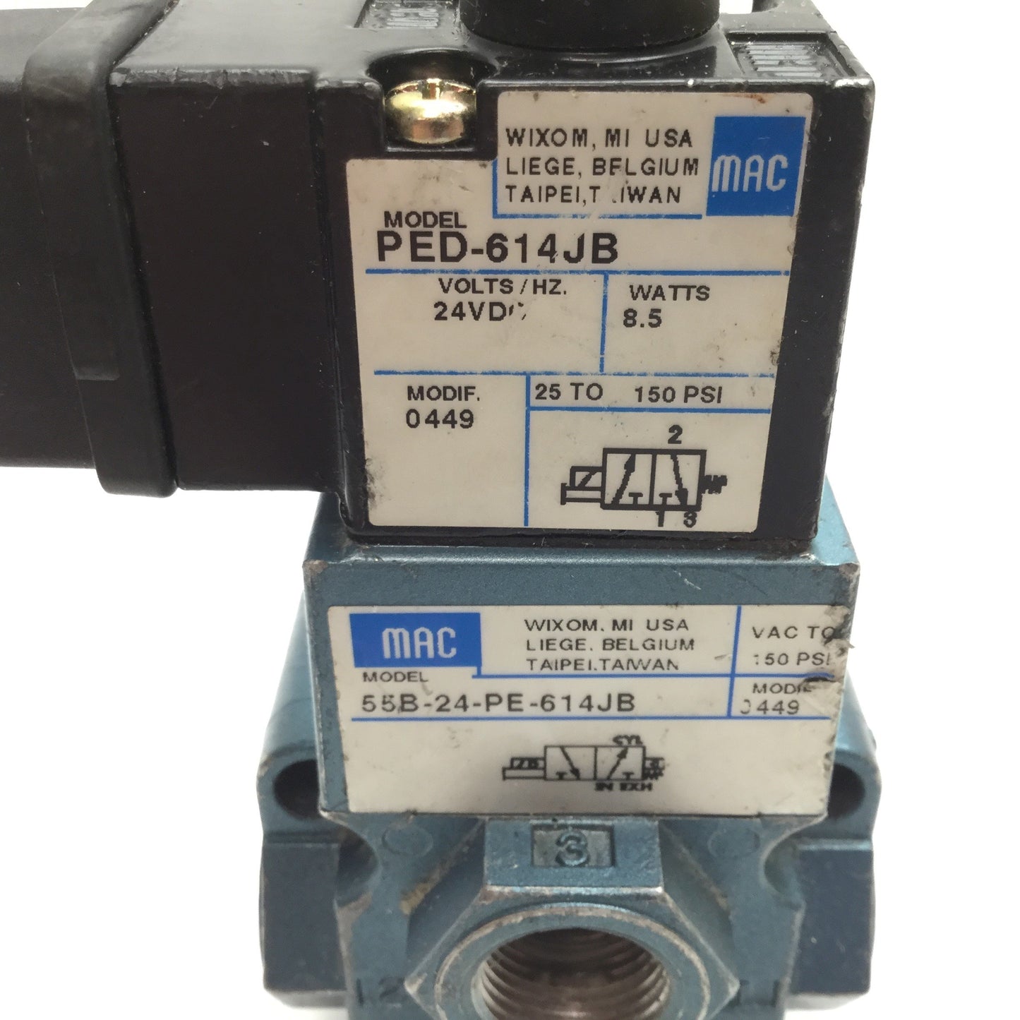 Used MAC 55B-24-PE-614JB Solenoid Valve, 2-Position 3-Port, 24VDC, 150psi, 3/8" NPT