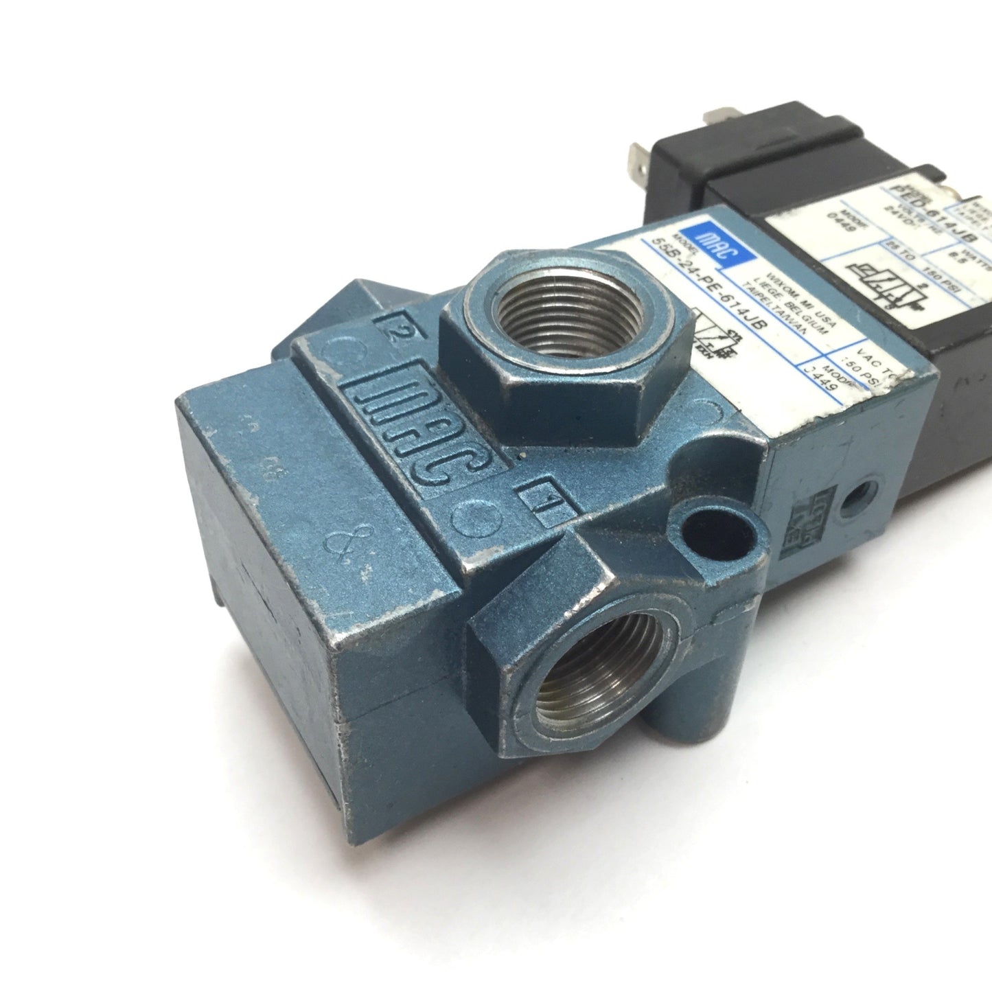 Used MAC 55B-24-PE-614JB Solenoid Valve, 2-Position 3-Port, 24VDC, 150psi, 3/8" NPT
